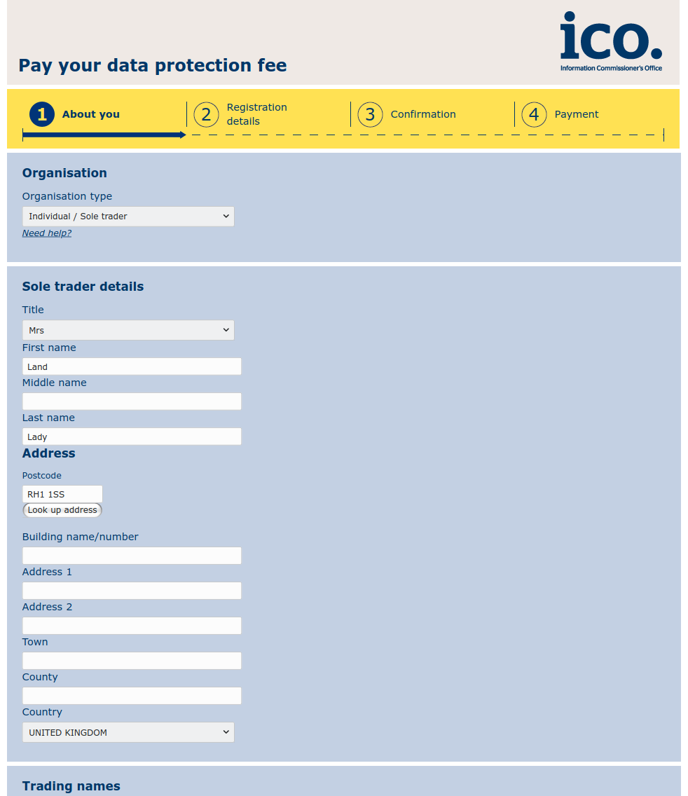 Screenshot for example landlord ICO registration