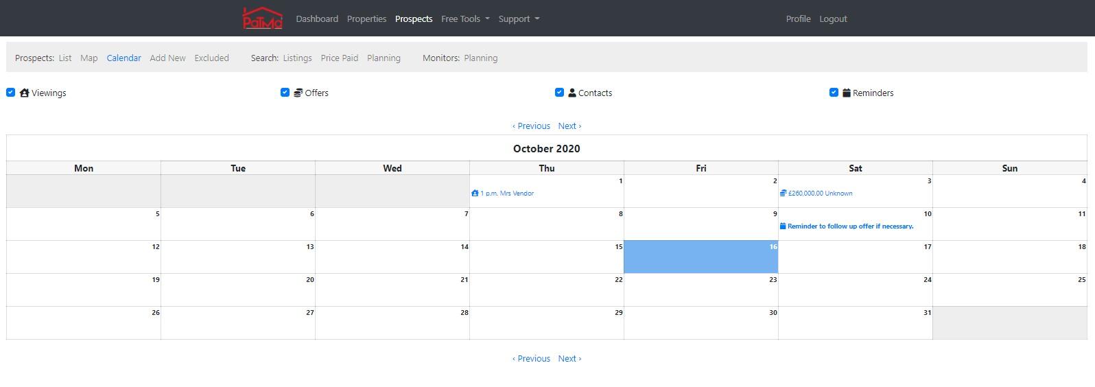 Example of calendar view