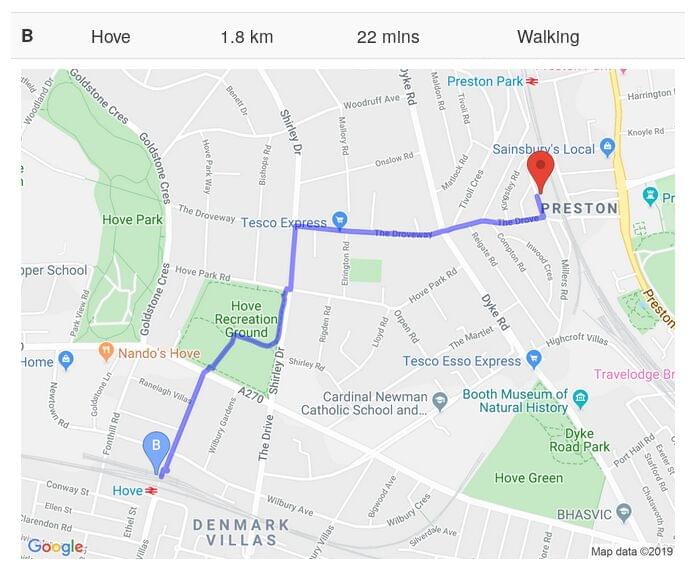 Screenshot of walking route to local train station