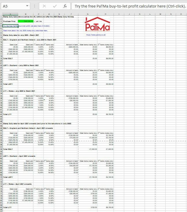 Free stamp duty calculating spreadsheet screenshot