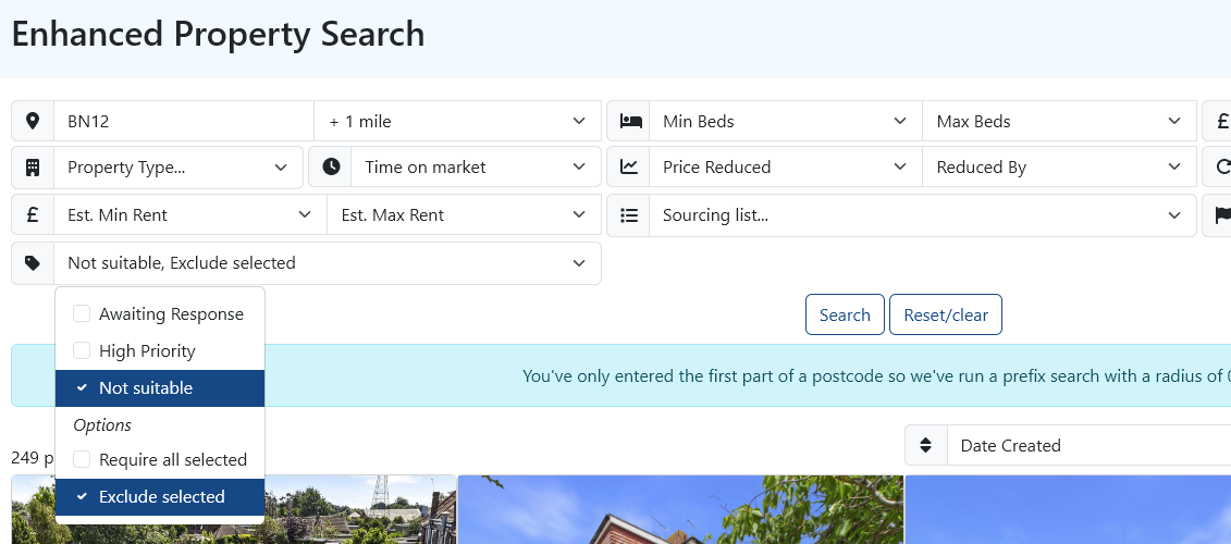 Deal Finder Search Filters Showing Property Tag Filtering