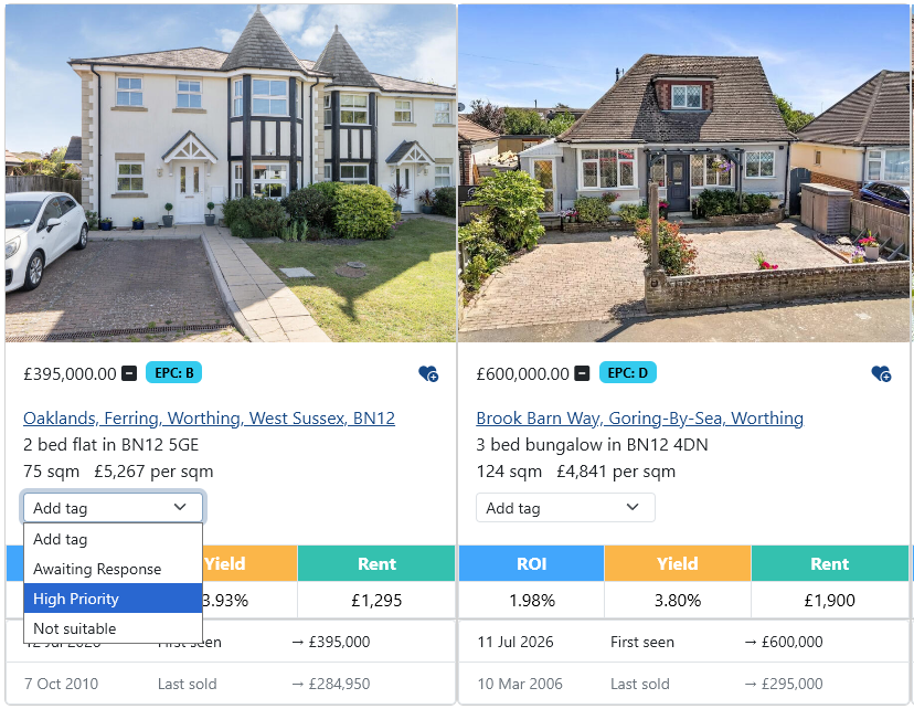 Deal Finder Property List Showing the Property Tag Dropdown