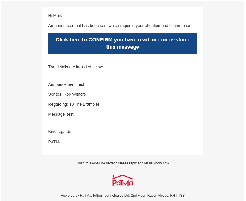 Tenant Confirmation Email