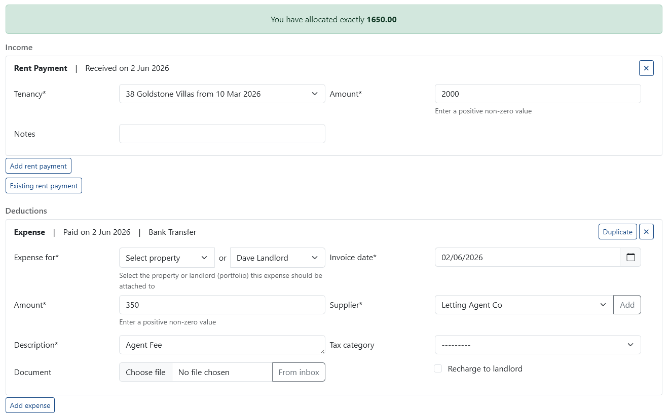 Assign Transaction Screen Showing Allocation Fields