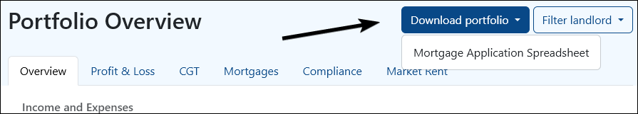 location of Mortgage Application Spreadsheet is in the top right corner