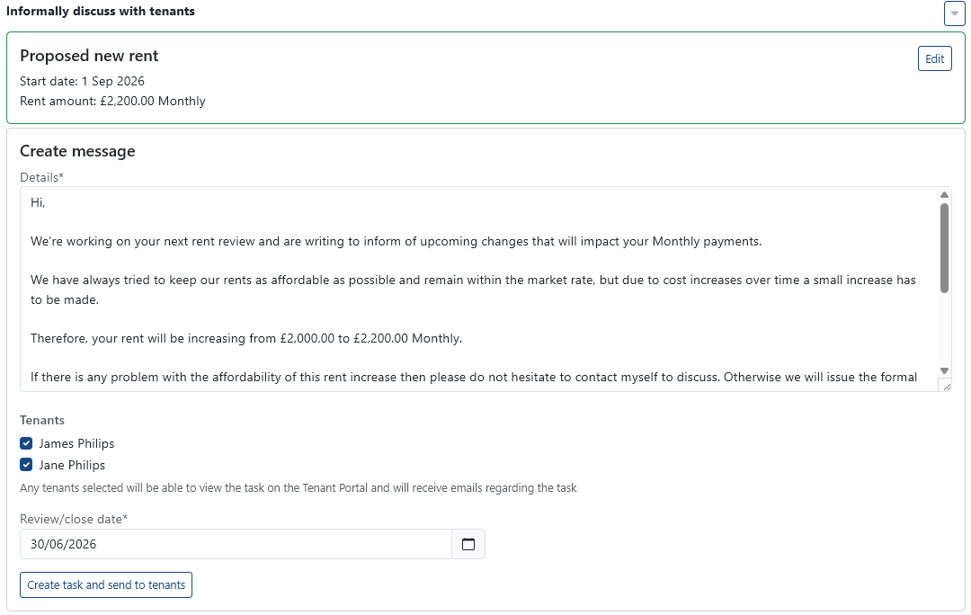 Informal Rent Review Message Preview