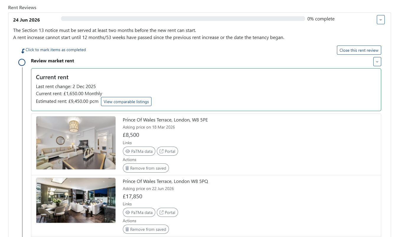 Rent Review Market Comparison Screen
