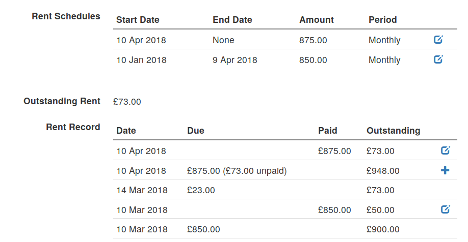 Rent schedule and payments screenshot